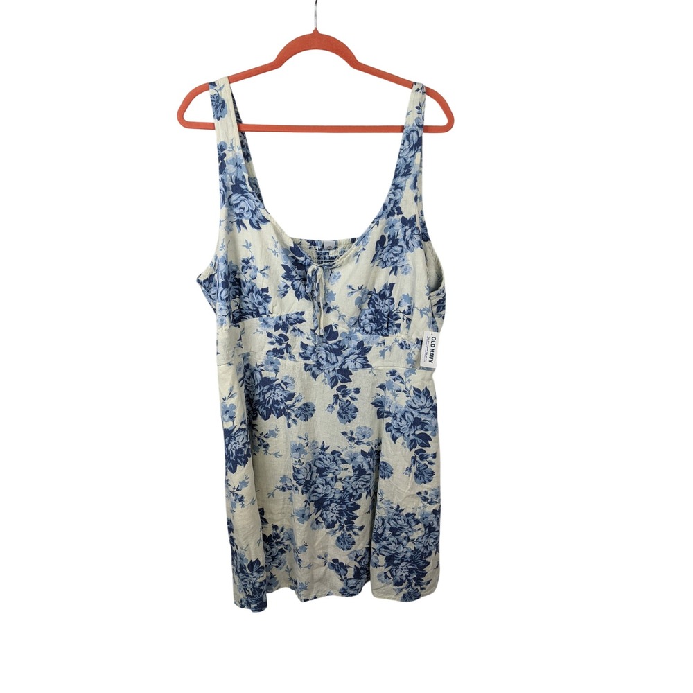 Old Navy XXL Blue White Floral Linen Blend Flare Cami Dress with Pockets NWT